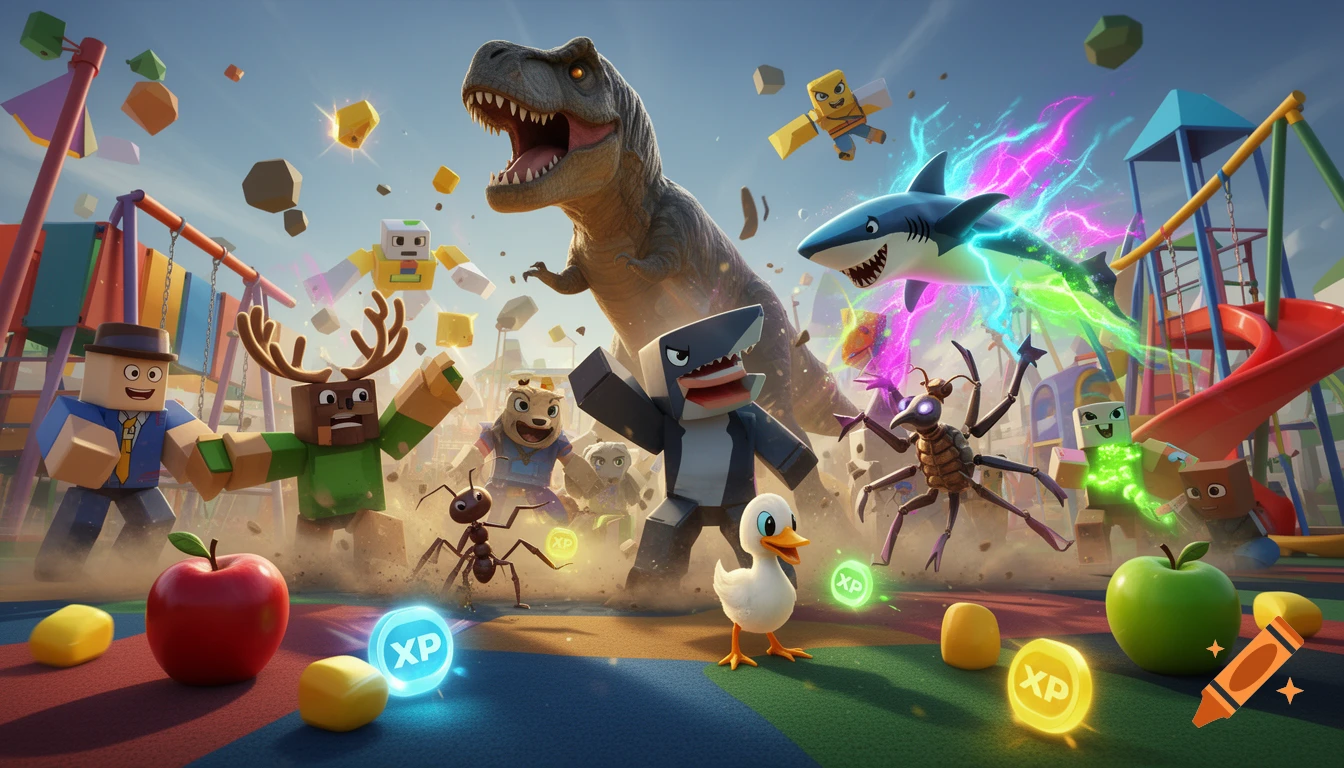Blocky Roblox animal characters battling on a colorful playground in a 3D video game graphic style.