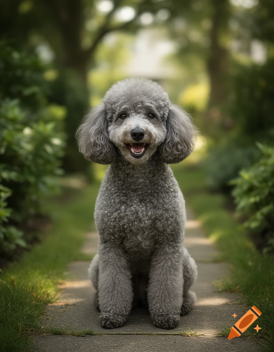 Photorealistic portrait of a smiling grey poodle sitting on a concrete path in a garden.