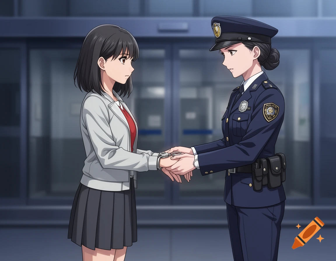 Anime style illustration of a policewoman handcuffing a young girl in front of a building.