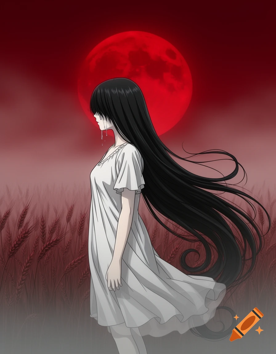 Anime illustration of a weeping ghost woman with long black hair, white dress, and a red moon in the background.