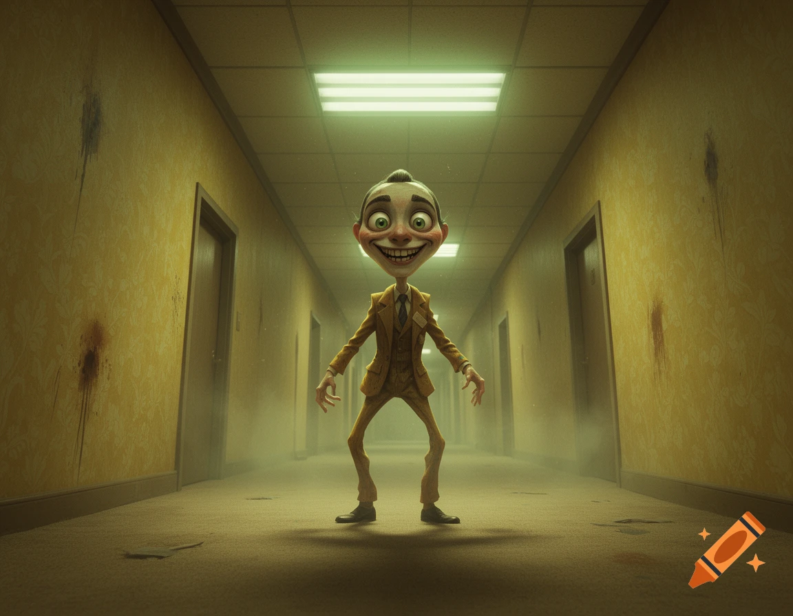 A stylized humanoid creature with an eerie wide smile standing in a yellow wallpapered hallway, 3D render style.