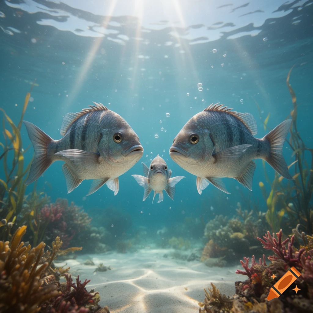 Photorealistic underwater scene with two large fish facing a smaller fish in the center, surrounded by coral and sunbeams.