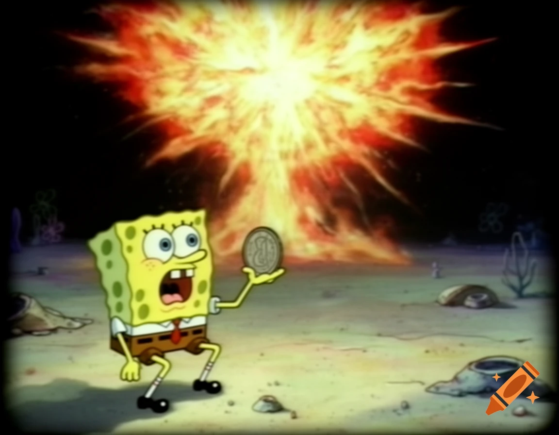 Vintage cartoon style SpongeBob SquarePants holding a coin in an underground setting with a fiery supernova in the background.