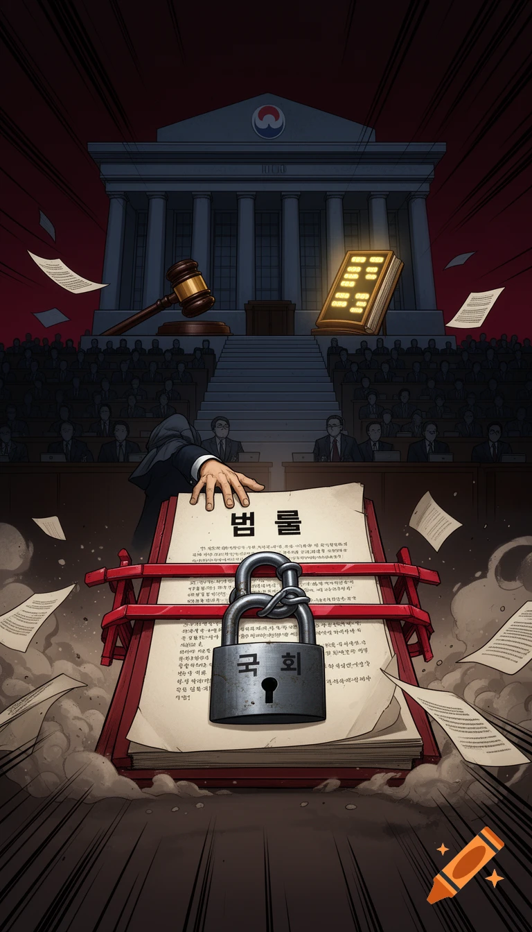 Webtoon-style political illustration showing a large legal book locked with a heavy padlock in front of a national assembly building.