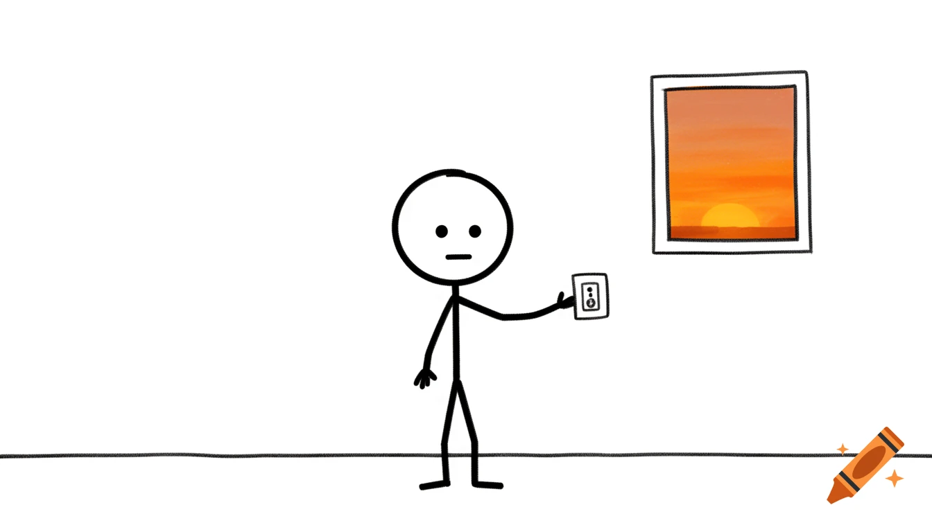 Hand-drawn 2D doodle of a stick figure reaching for a wall light switch in a room with a window showing a sunset.