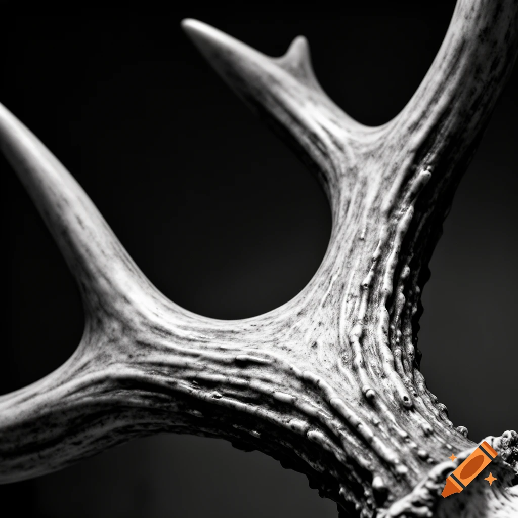 Close-up black and white photograph of intricate megaloceros antlers with dramatic side lighting.