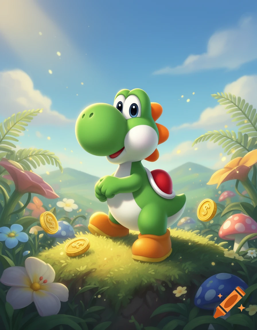 Digital illustration of Yoshi standing in a vibrant fantasy landscape with grass, colorful flowers, mushrooms, and floating gold coins.