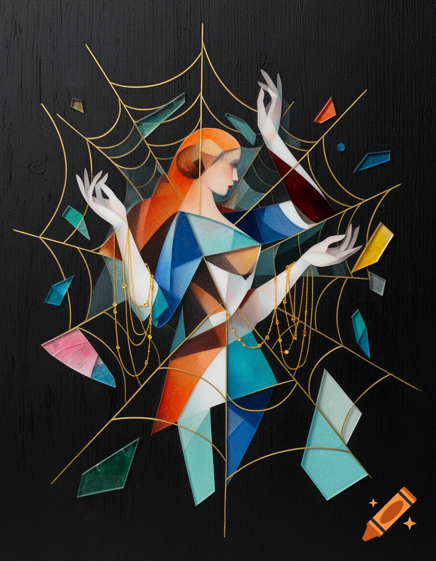 Abstract modern artwork of a geometric female figure entangled in a gold spiderweb with colorful glass shards.