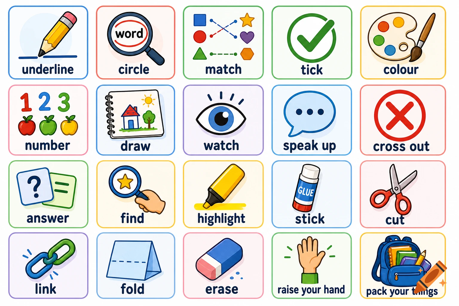Grid of twenty cartoon icons illustrating teacher instructions with clear labels like underline, circle, match, and draw.