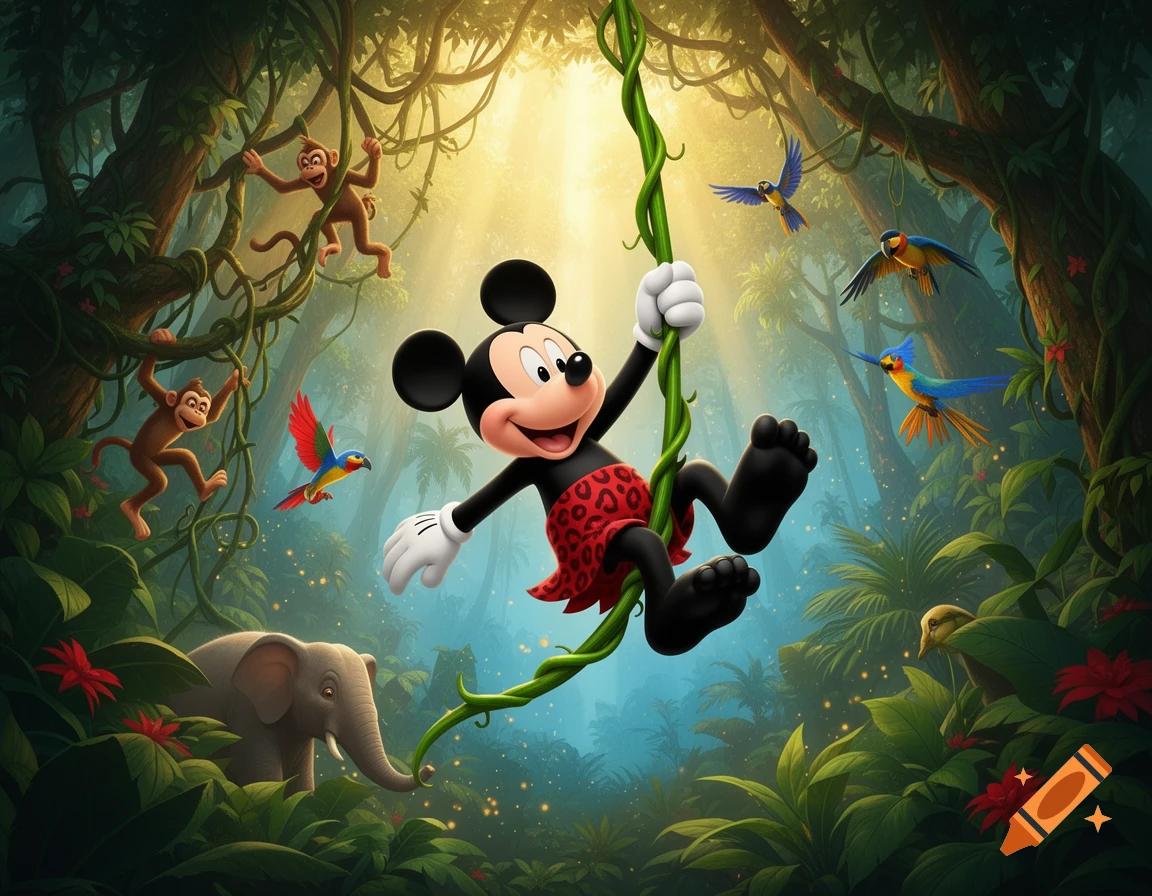 Mickey Mouse swinging on a jungle vine surrounded by monkeys, birds, and an elephant in a lush tropical forest.