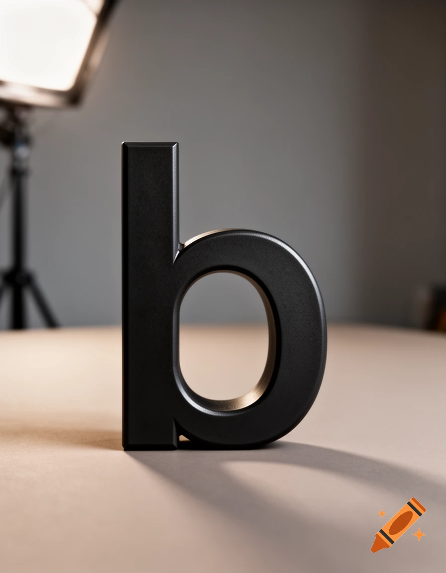 Photorealistic lowercase letter 'b' made of matte black material standing on a surface with soft lighting.