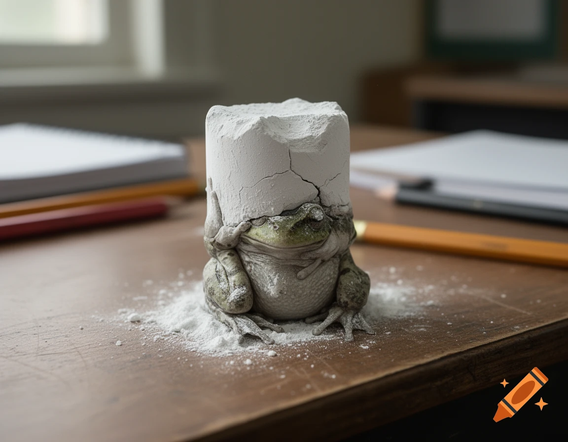 Photorealistic image of a frog partially fused into a block of chalk sitting on a wooden desk.