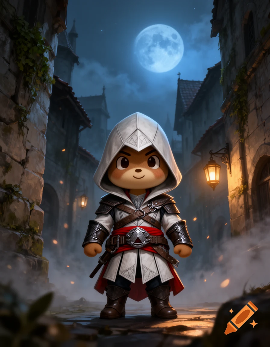 An Animal Crossing villager wearing an Assassin's Creed uniform, standing in a medieval alleyway at night under a full moon.