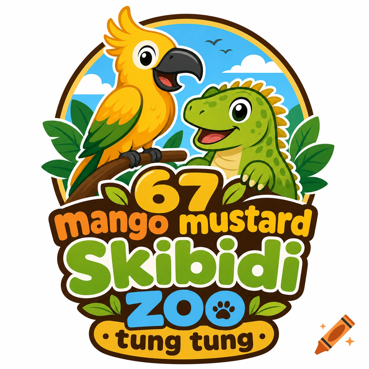 Cartoon logo for a zoo featuring a yellow parrot and a green iguana with text 67 mango mustard Skibidi zoo tung tung.