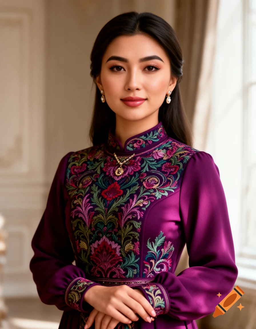 Photorealistic portrait of a young Central Asian woman wearing a purple traditional dress with ornate floral embroidery.