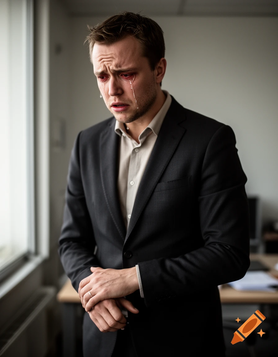 Photorealistic portrait of a man in a black suit crying indoors.