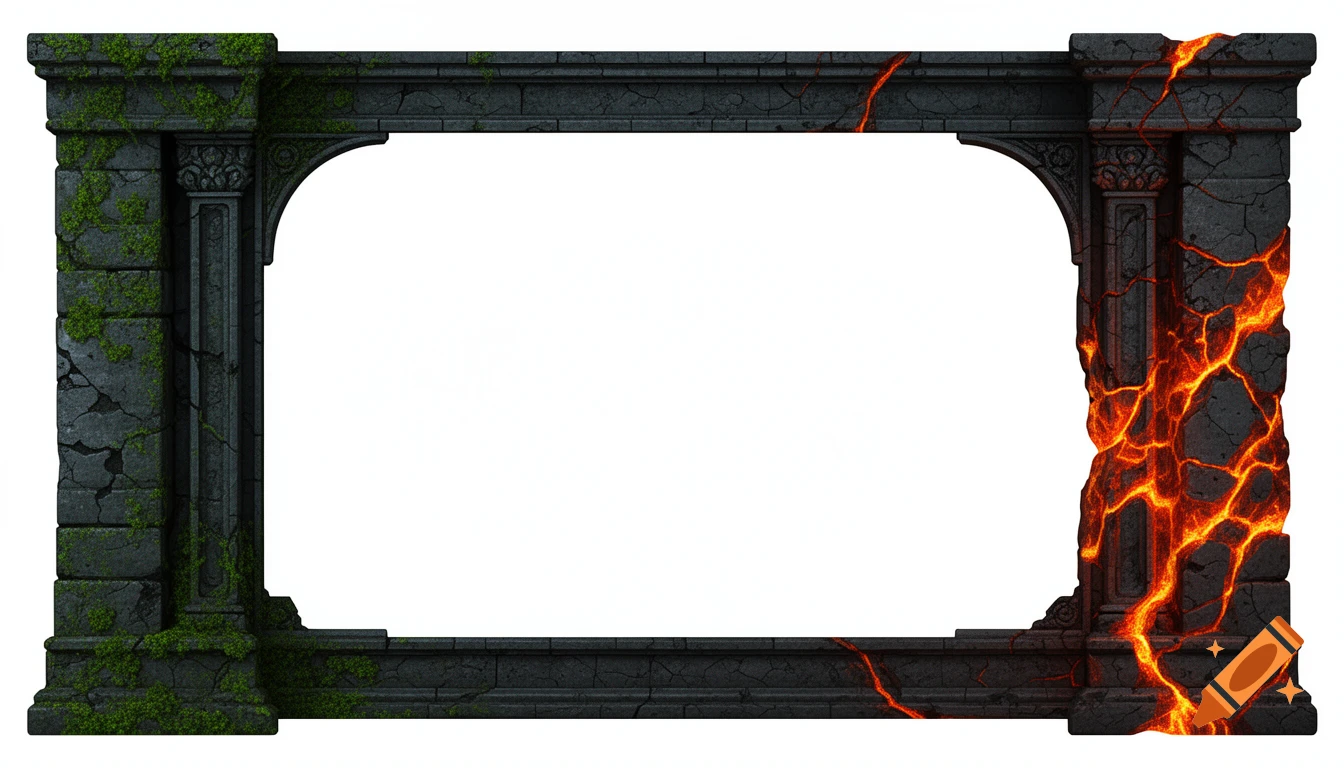 Dark fantasy stone game UI frame border with moss on the left and glowing orange magma cracks on the right, isolated on white background.