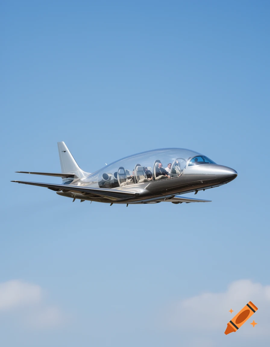 A photorealistic private jet with a transparent bubble cabin flying against a clear blue sky.