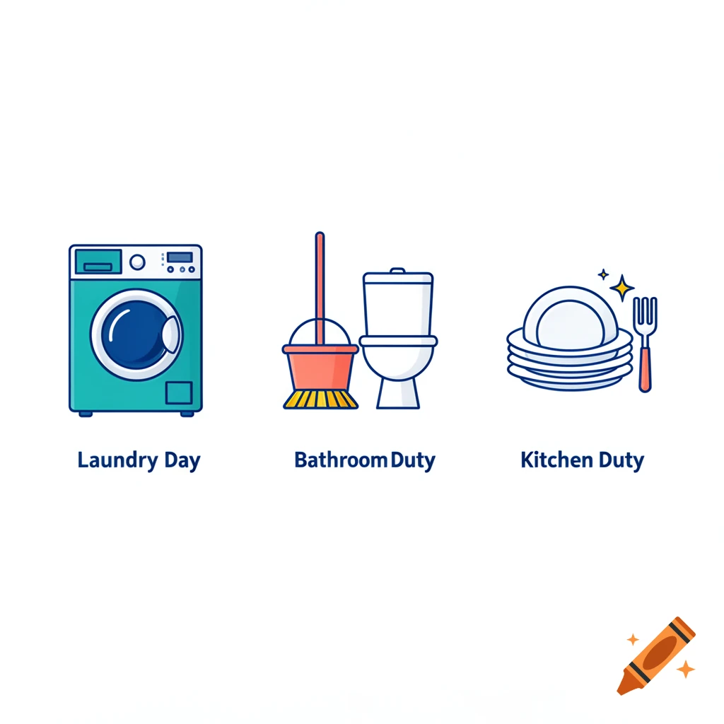 Three clean flat vector icons representing laundry day, bathroom duty, and kitchen duty with text labels.