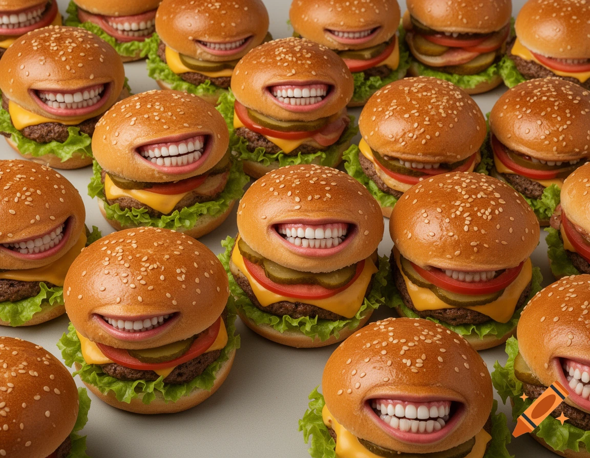 Photorealistic top-down view of multiple hamburgers featuring realistic human mouths with white teeth grinning instead of buns.