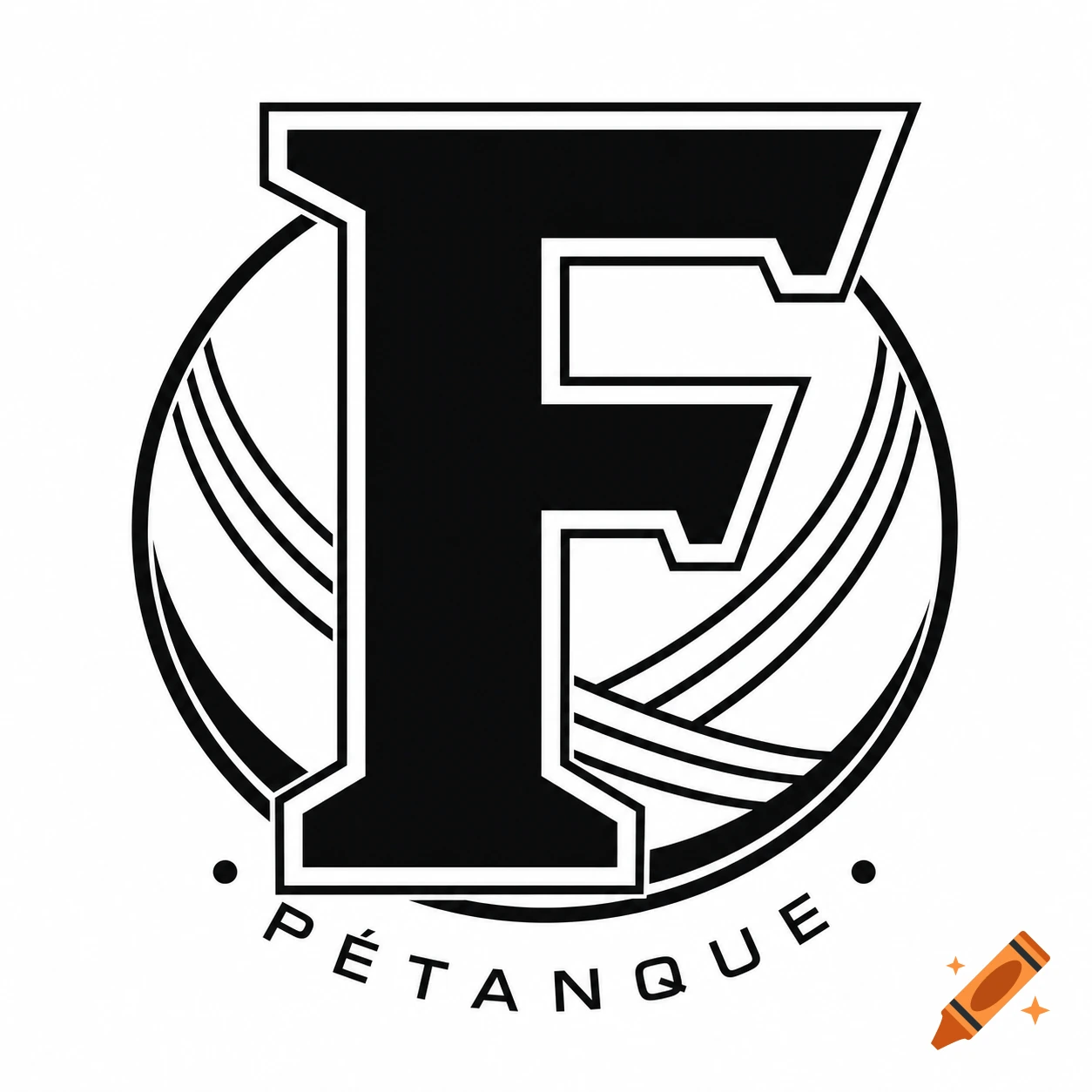Black and white modern logo featuring a large letter F over a petanque ball with the text PETANQUE below.