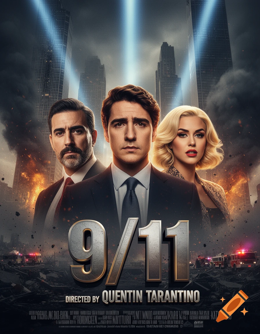 Cinematic 3D movie poster titled 9/11 directed by Quentin Tarantino, featuring three actors standing in front of burning skyscrapers.
