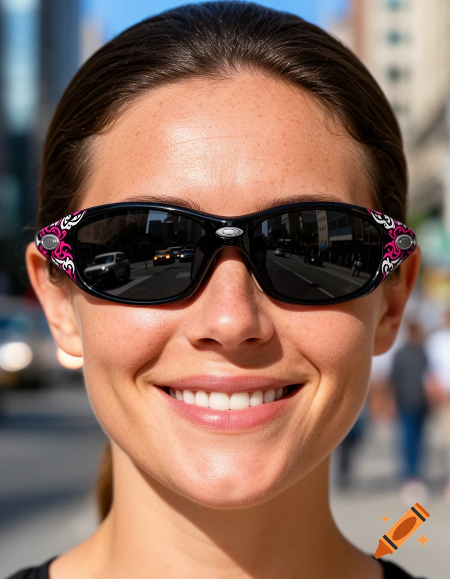 Close-up photorealistic portrait of a woman with freckles and a friendly smile, wearing sporty wrap-around sunglasses.