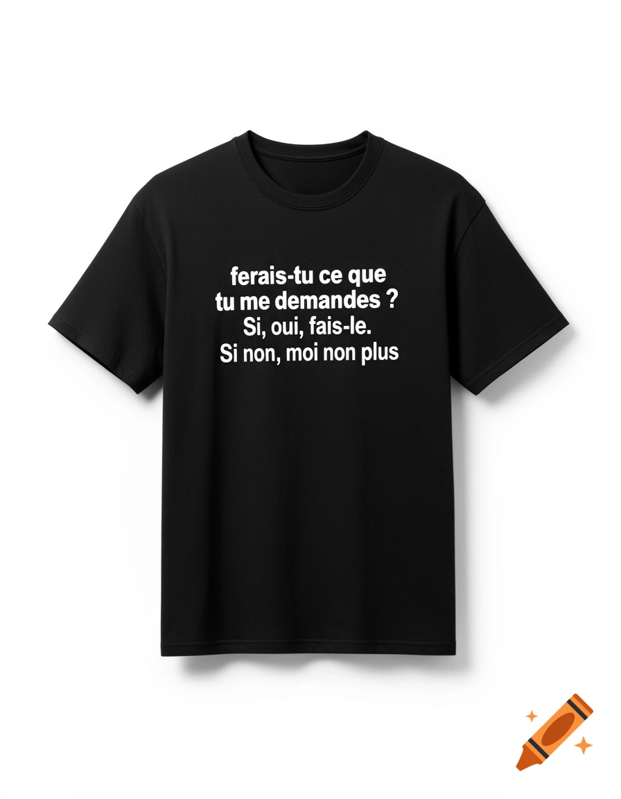 Black t-shirt with French text printed on the chest, isolated on a white background.