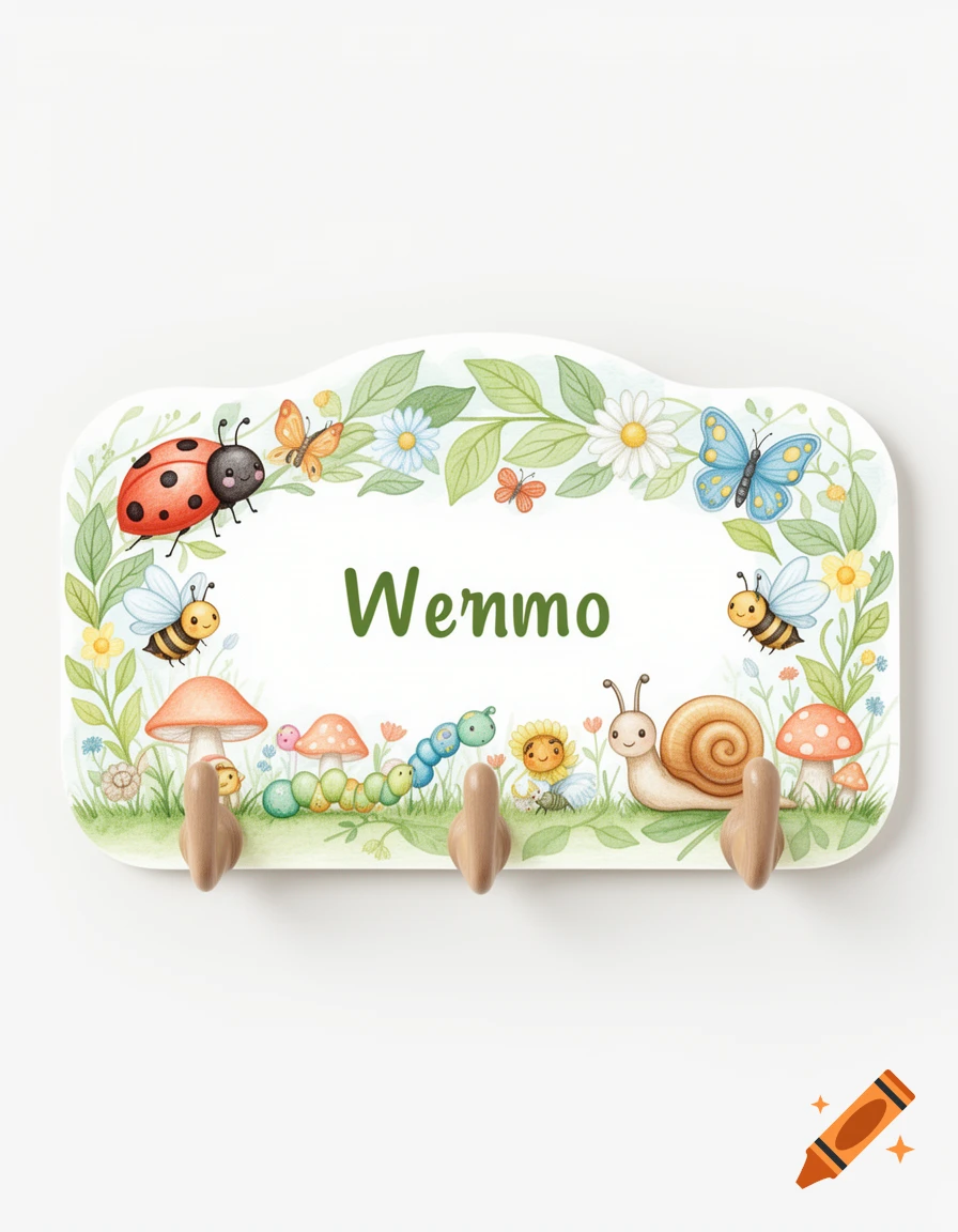 Watercolor nature-themed coat rack illustration featuring ladybugs, bees, snails, and butterflies with the name Wenmo in the center.
