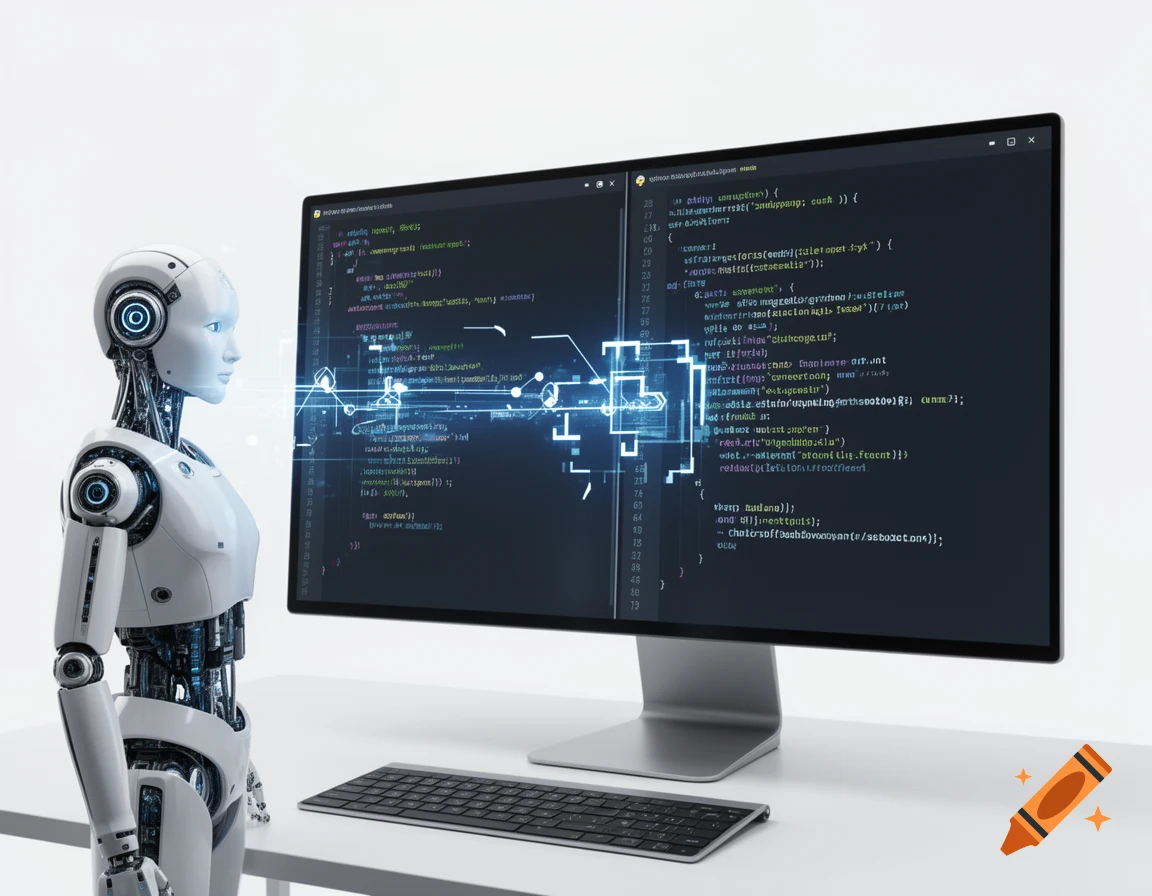 A sleek white humanoid robot stands beside a large monitor displaying code, with abstract blue graphics connecting them.
