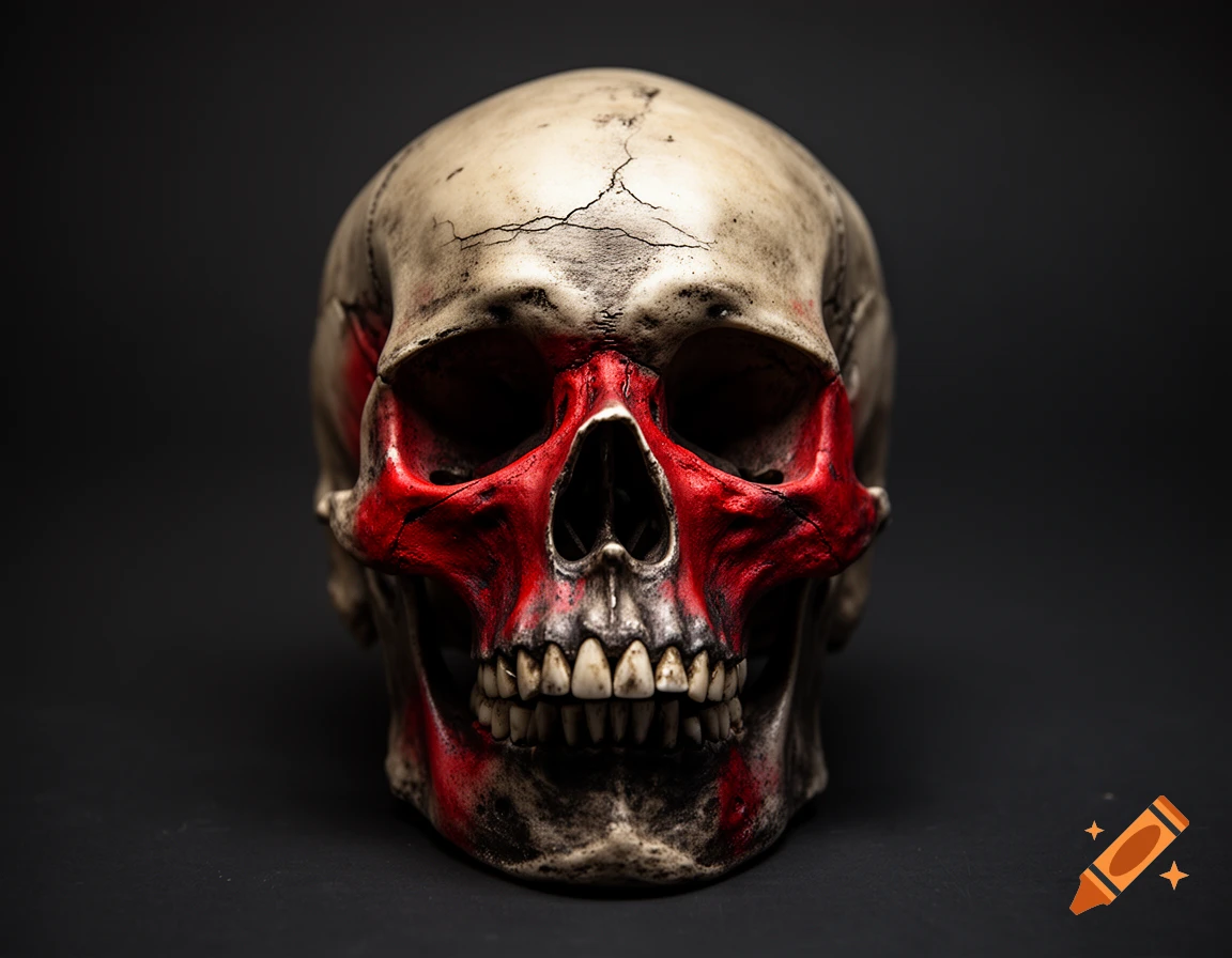 Photorealistic human skull with red paint across the eye sockets and nose, set against a dark background.