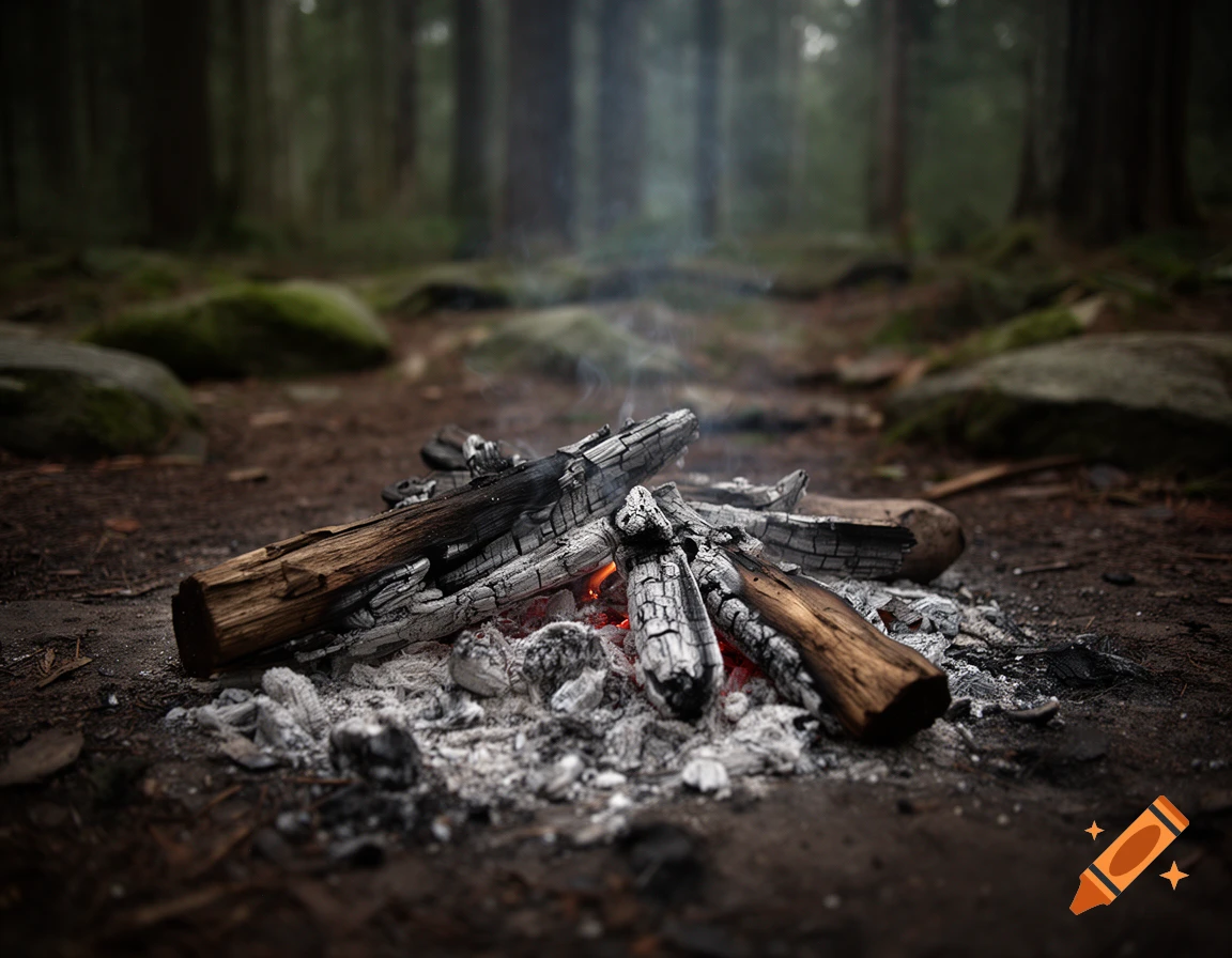 Photorealistic close-up of a dying campfire with burning logs and white ash on a forest floor.