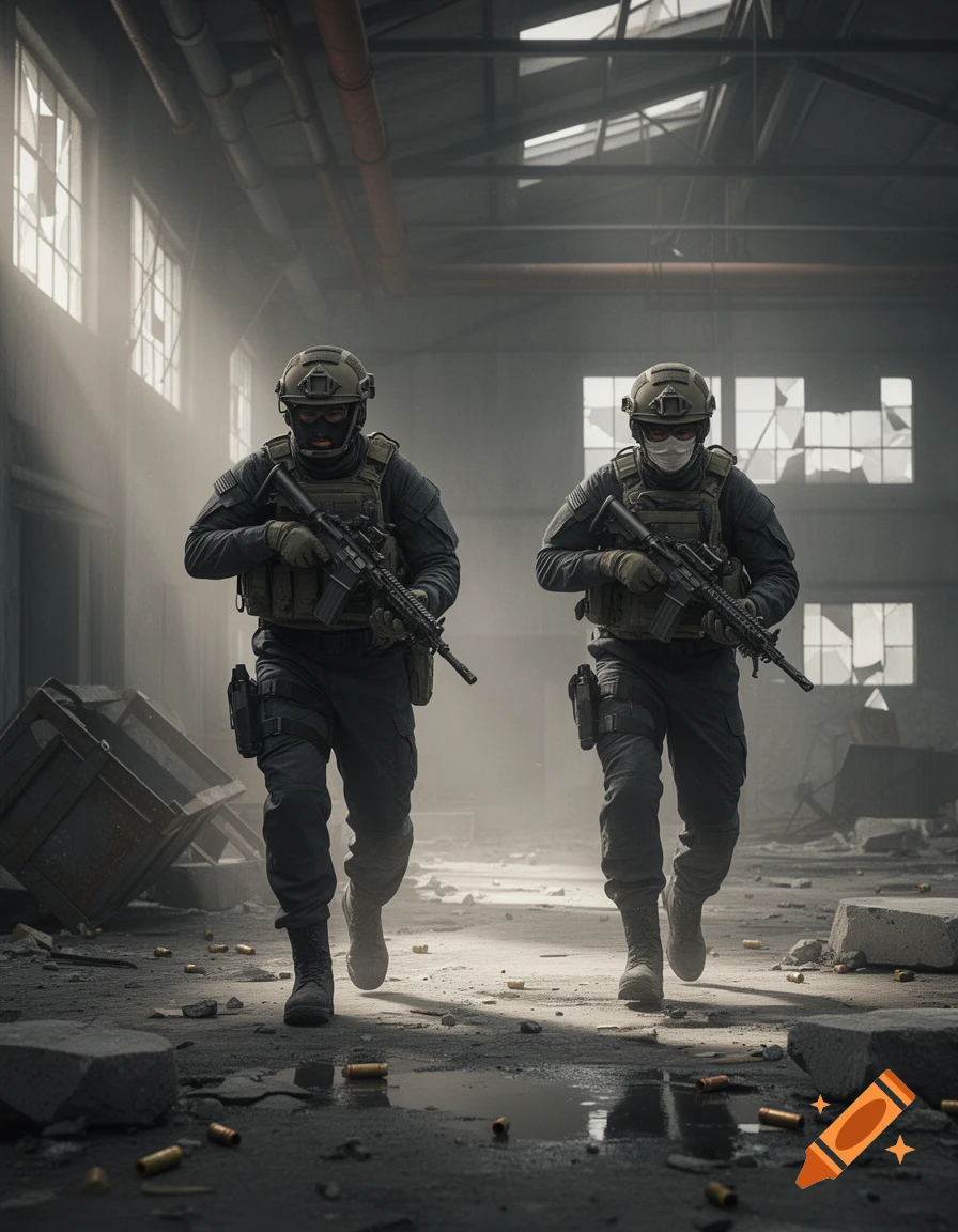 Two tactical operators in combat gear running through a dusty, abandoned warehouse.