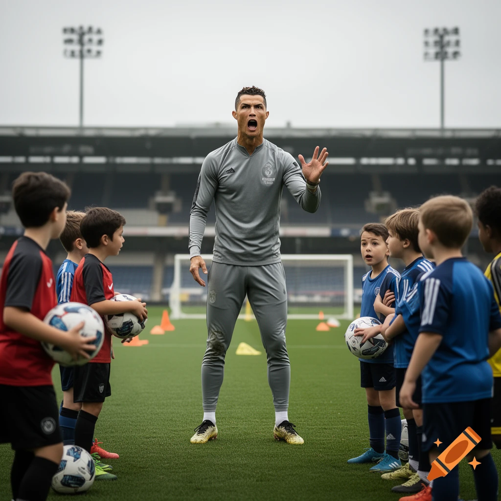 Photorealistic image of a male soccer coach screaming and gesturing to young children holding soccer balls on a pitch.