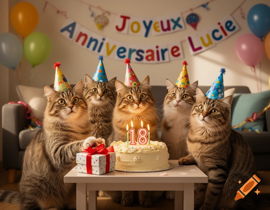 Five tabby cats wearing party hats surrounding an 18th birthday cake with lit candles, in front of a banner reading Joyeux Anniversaire Lucie.