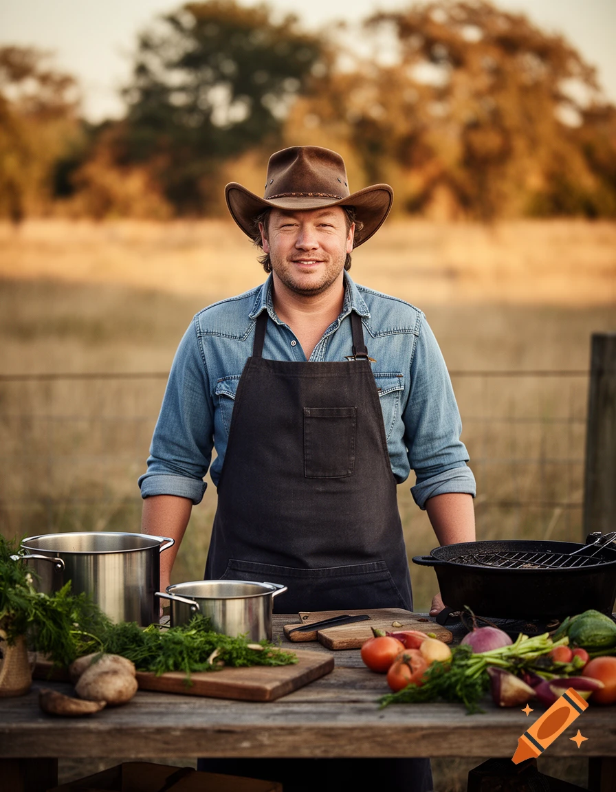 Photorealistic portrait of a man resembling Jamie Oliver wearing a cowboy hat and apron standing behind a wooden table with fresh produce and pots.