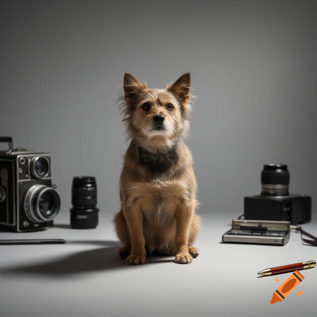 A photorealistic medium shot of a brown terrier dog sitting amidst various vintage cameras and photography equipment on a grey background.