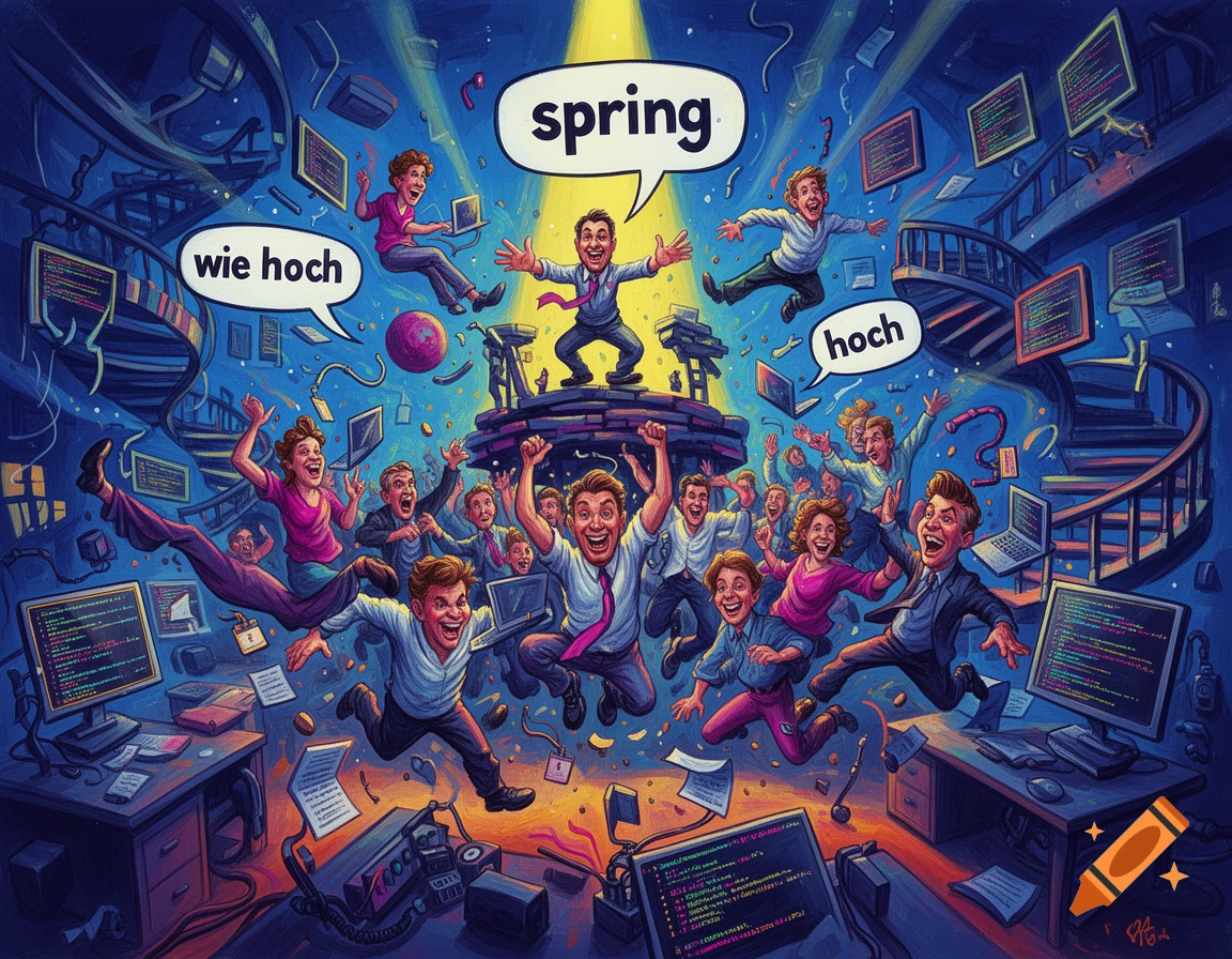 An illustrative depiction of a chaotic office scene with a boss standing on a platform shouting spring with speech bubbles showing spring, wie hoch, and hoch, while employees happily jump around.