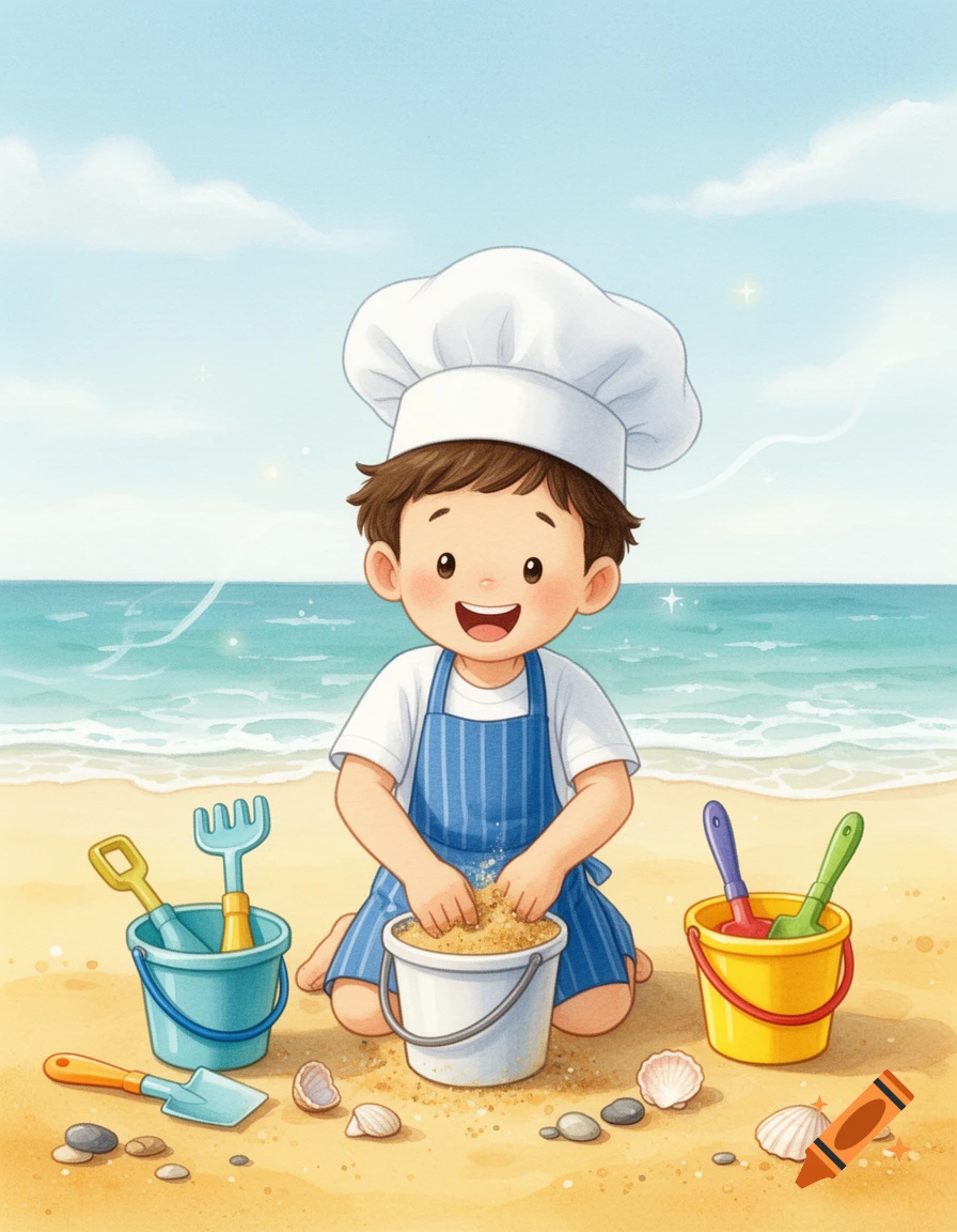 Digital illustration of a smiling young boy wearing a chef hat and apron, kneeling in the sand at a beach playing with buckets and shovels.