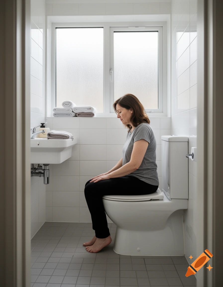 A woman sitting on a white toilet in a brightly lit modern bathroom with white tiled walls.