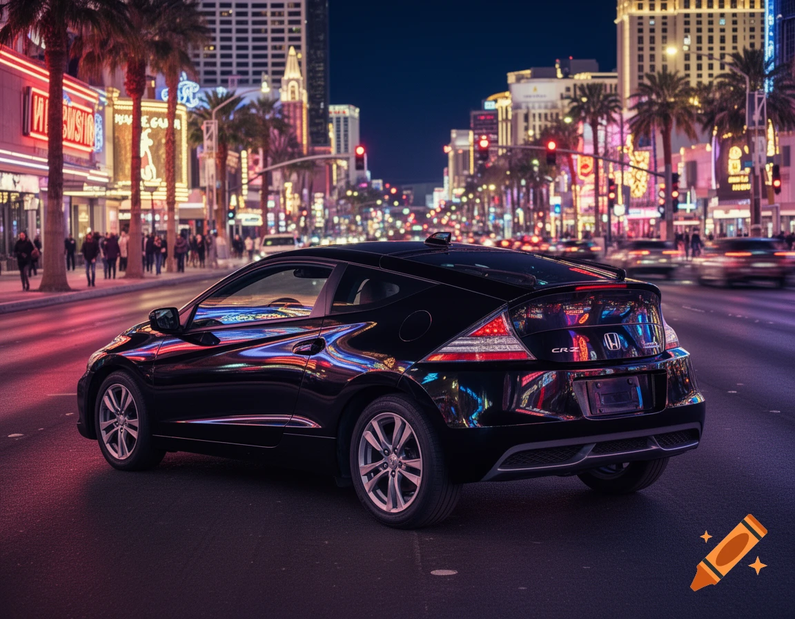 A black Honda CR-Z parked on a brightly lit Las Vegas street at night, photorealistic.