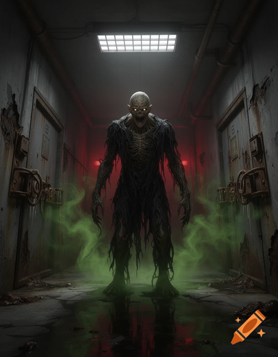 Photorealistic depiction of SCP-106, a decayed humanoid monster standing in a dark, rusted industrial corridor filled with green mist.