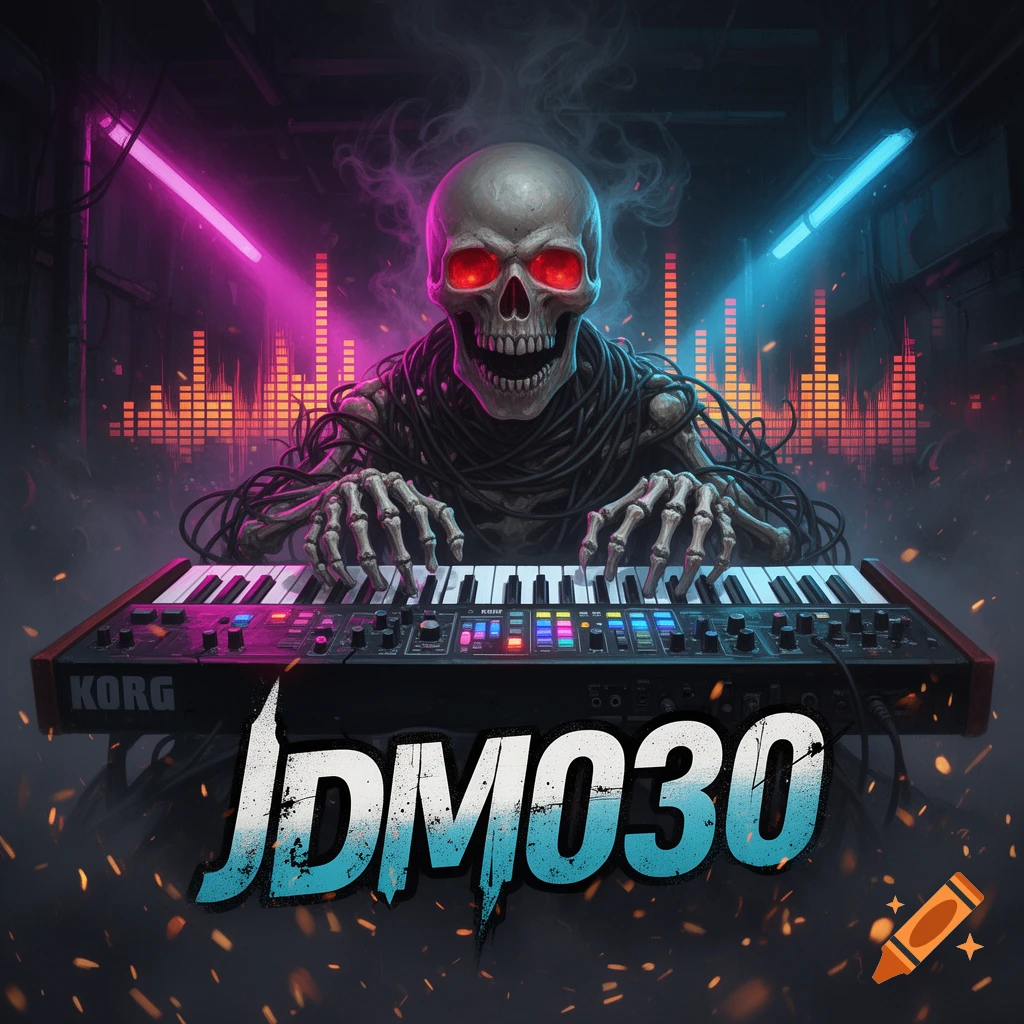 Glowing red-eyed skeleton playing a Korg synthesizer in a dark room with neon lights and digital equalizer bars.
