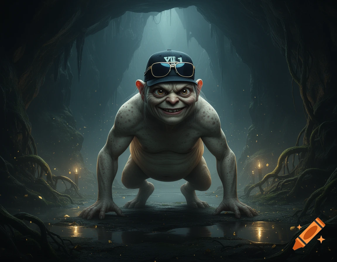 Gollum wearing a baseball cap and sunglasses crouches in a dark, glowing cave, photorealistic style.