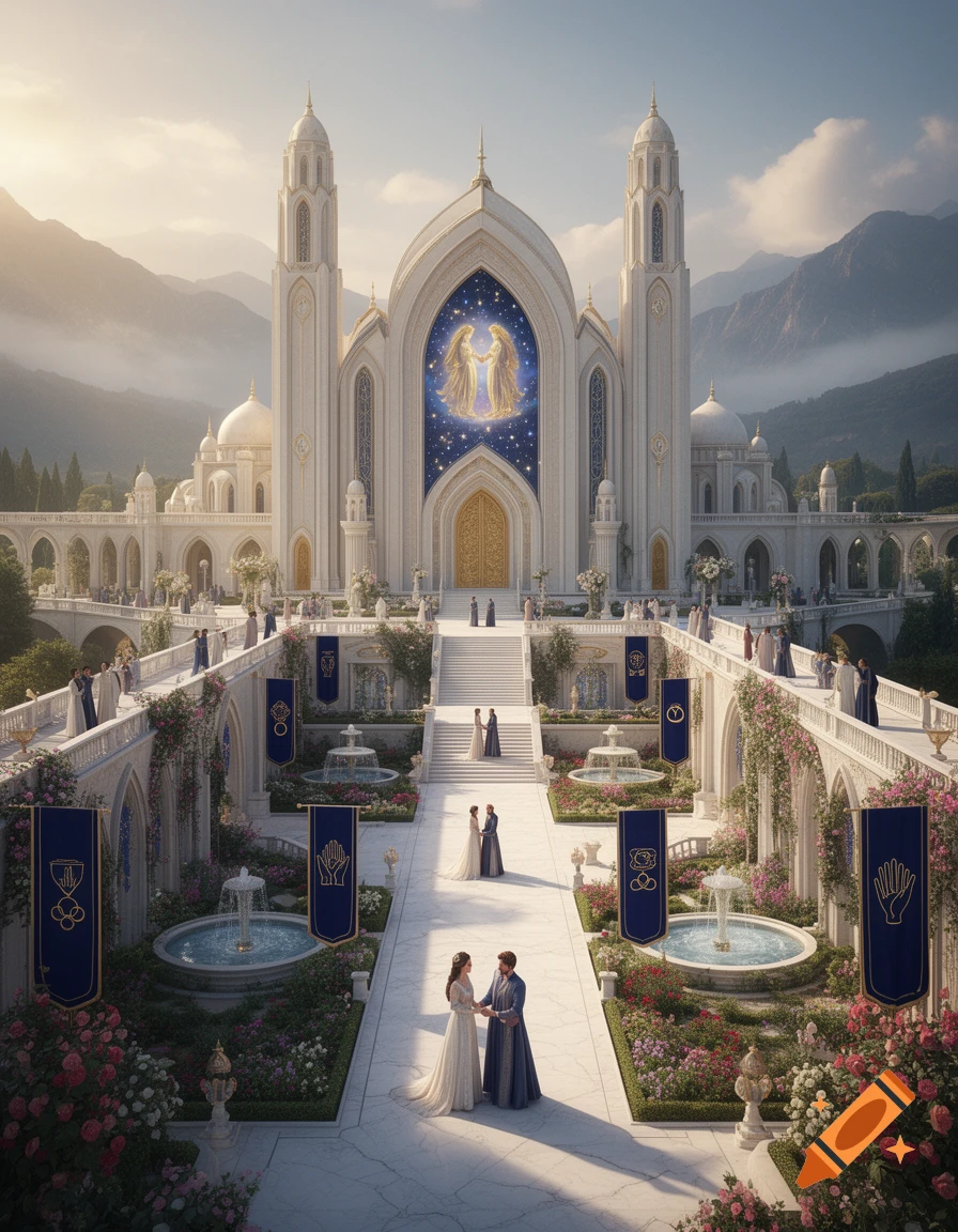 Photorealistic fantasy kingdom with a grand white marble cathedral, fountains, and couples in divine union.