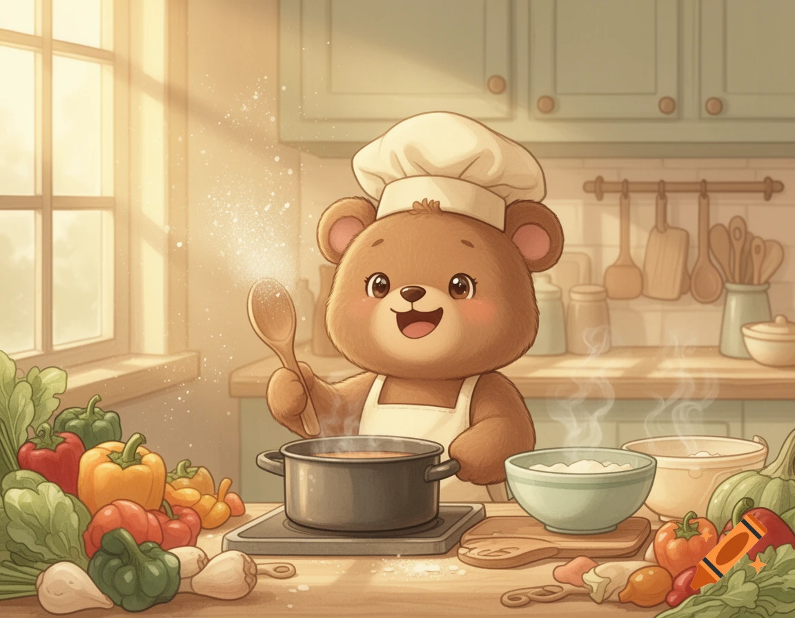 An adorable cartoon bear wearing a chef's hat and apron in a warm, sunlit kitchen, stirring a pot on the stove.