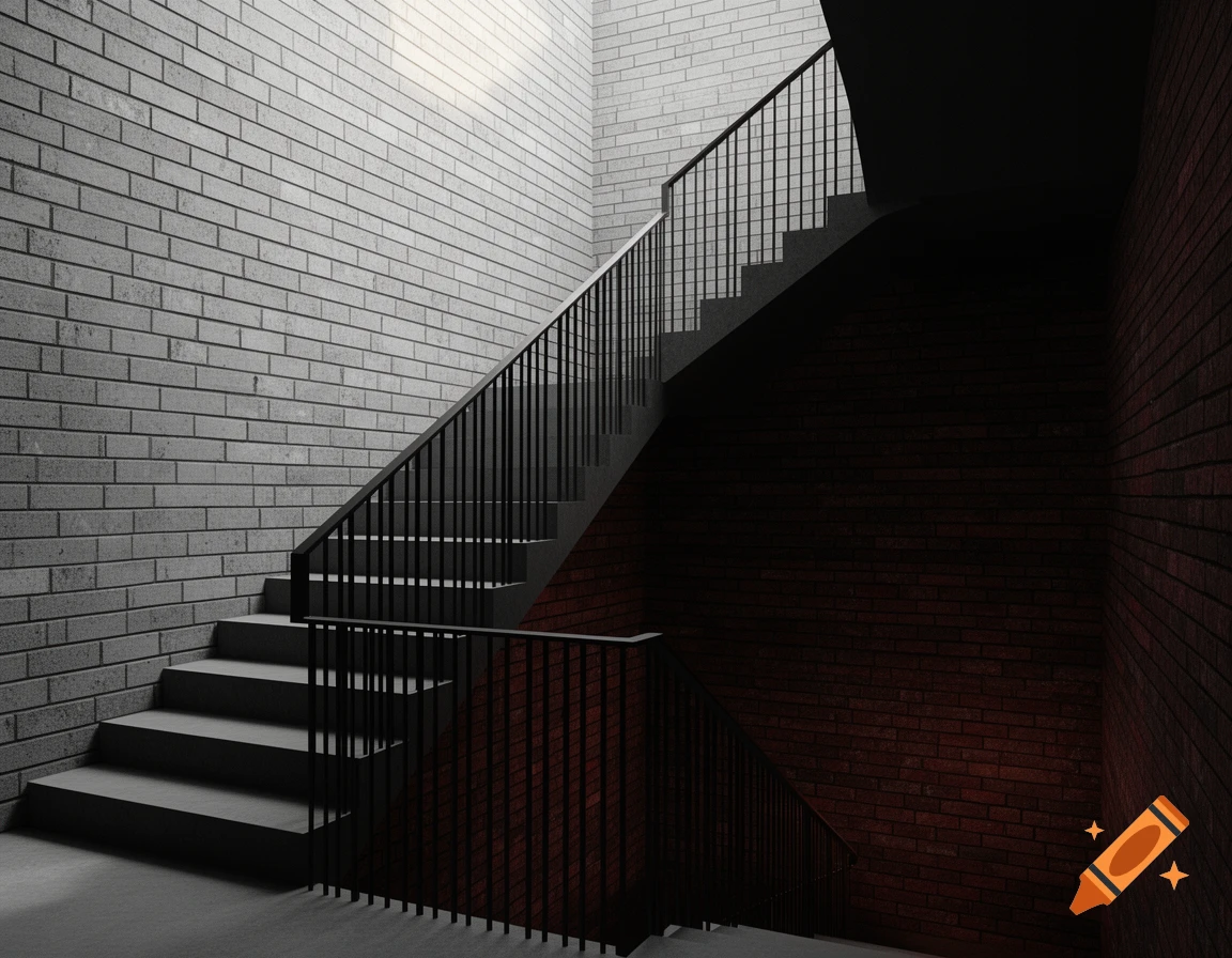 Modern interior shot featuring a concrete staircase with thin black metal railings against a grey brick wall and a dark red brick wall.