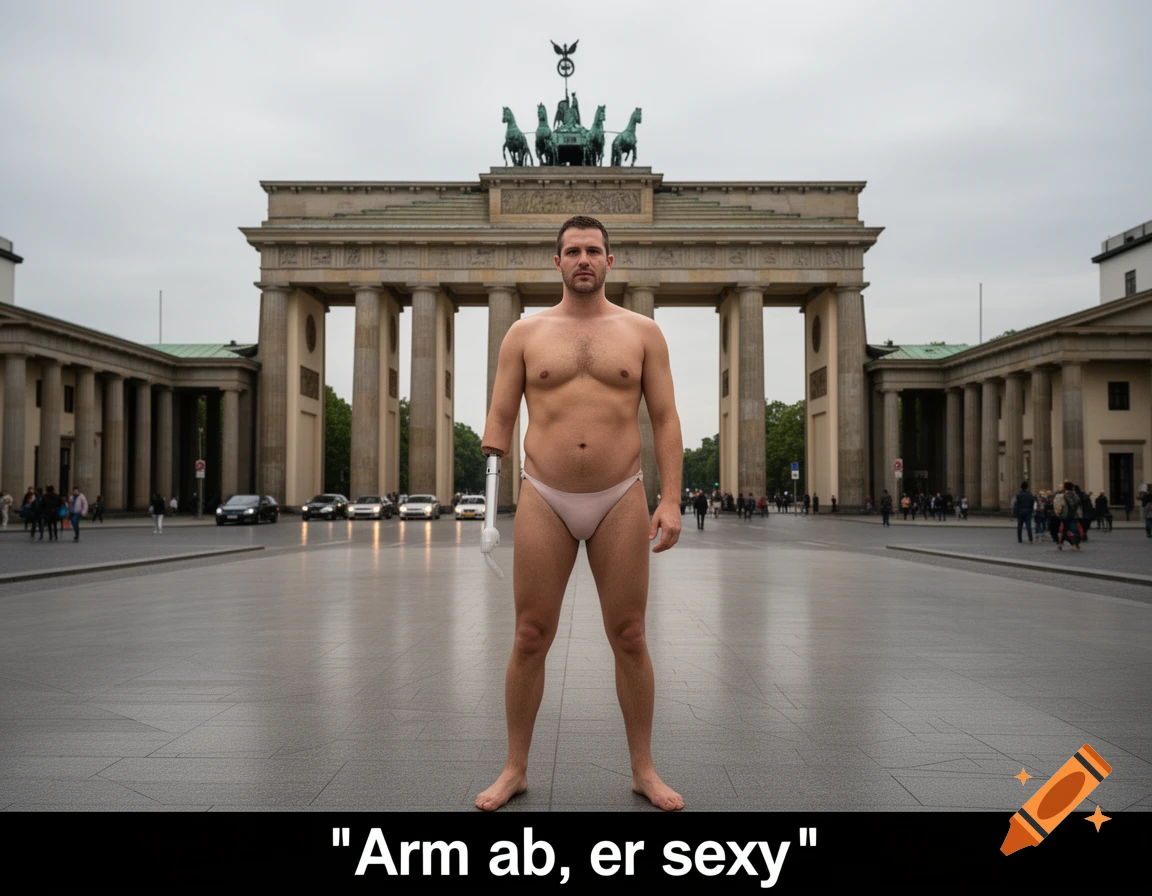 Photorealistic image of a man with an amputated arm wearing only a thong standing in front of the Brandenburg Gate.