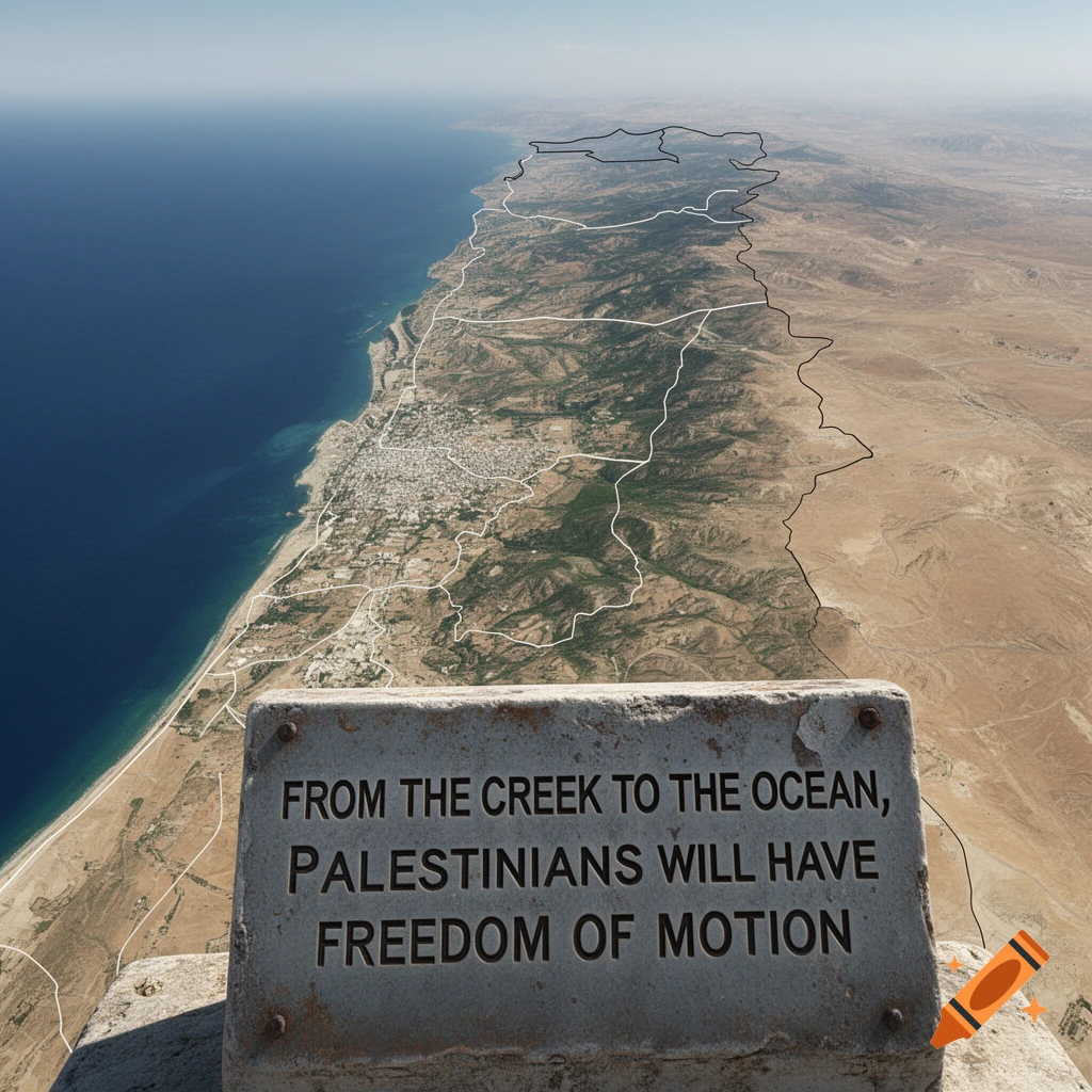 Aerial view of a landscape with a coastal sea on the left and a desert on the right, featuring a foreground stone sign with text.