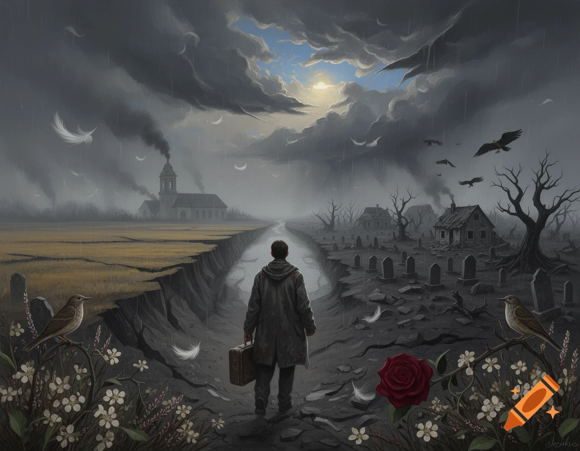 A person holding a suitcase walks down a path between a vibrant landscape and a barren graveyard under a stormy sky.